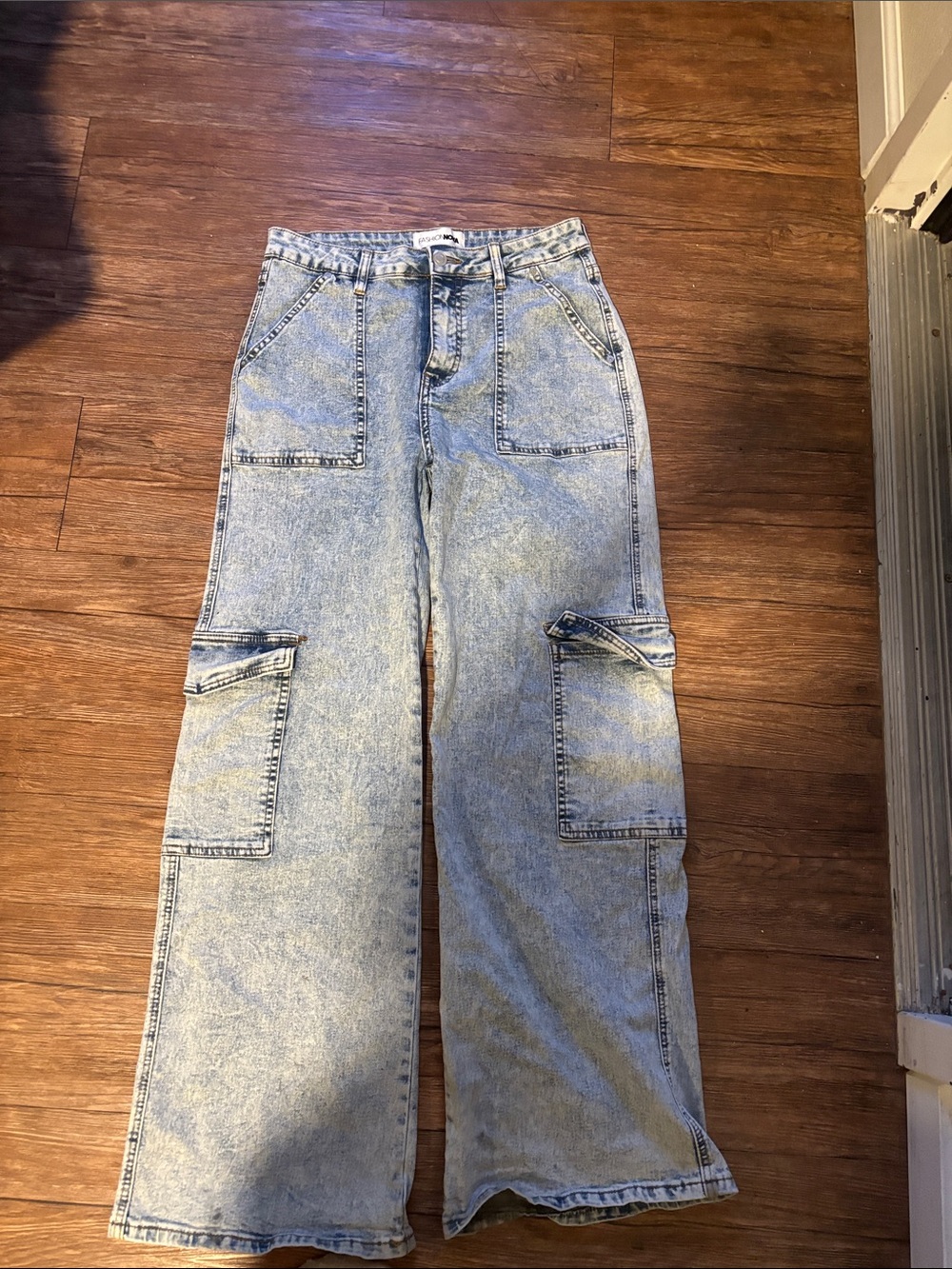 Fashion Nova Light Blue High-Rise Acid Wash Cargo Jeans